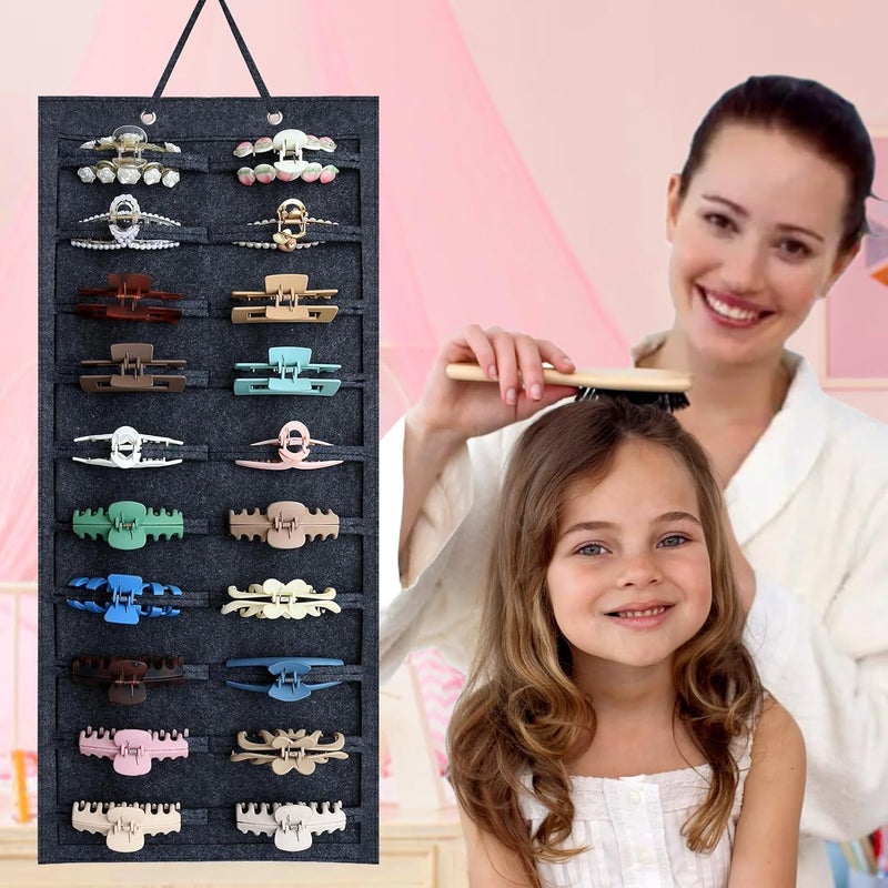 SMUK Claw Clip Organizer for Women, Hanging Mount Hair Clips Holder Organizer for Girls, Hair Bow Claw Clip Stand Storage for Wall, Door, Closet, Horizontal Dark Gray - Image 3
